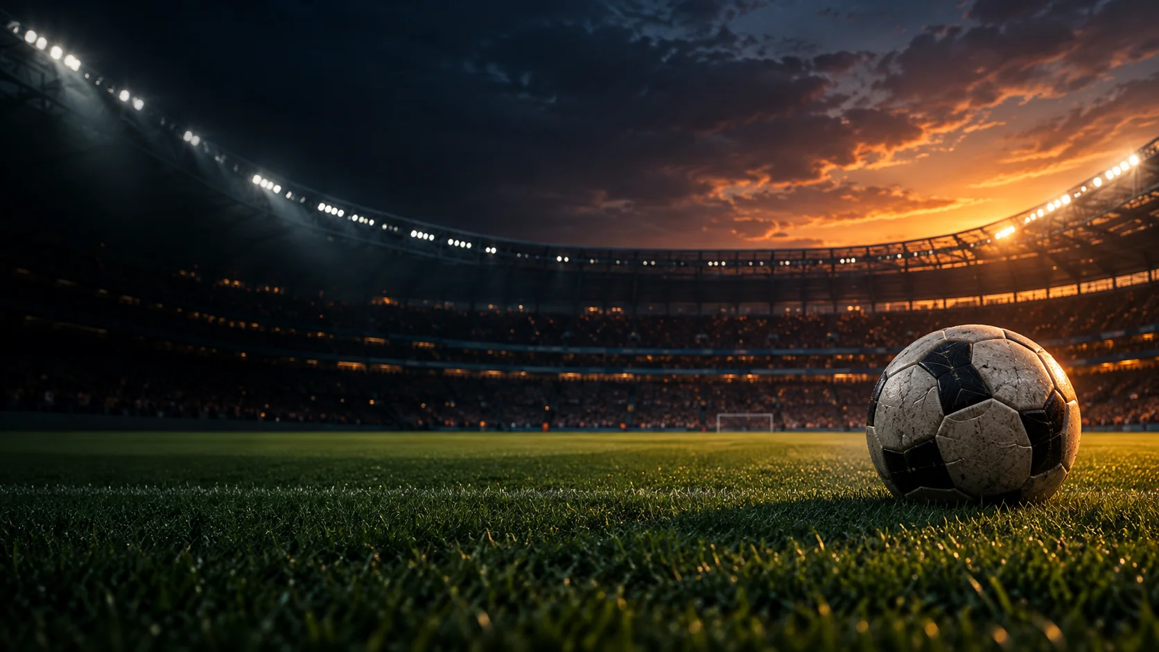Fotboll på en upplyst arena i kvällsljus